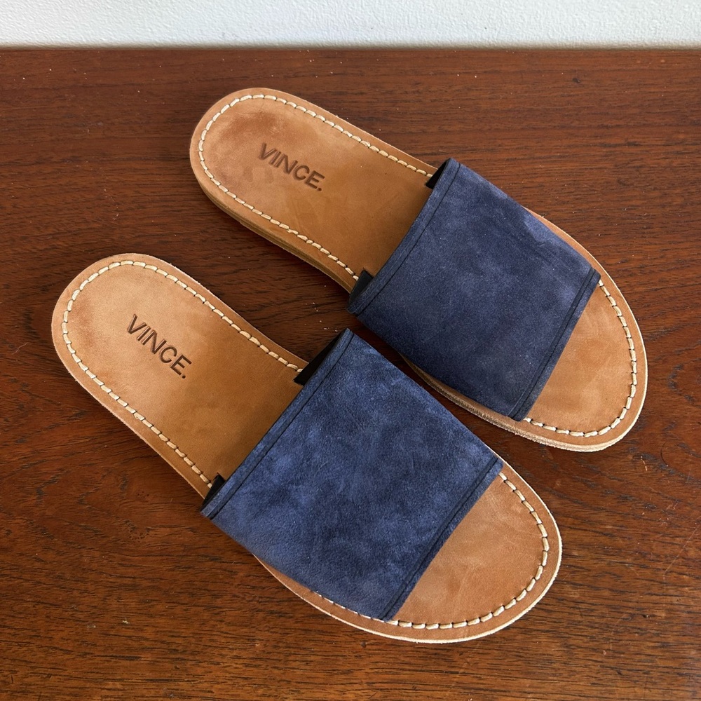 VINCE Suede-Leather Flat Mules Navy - Picture 2 of 8